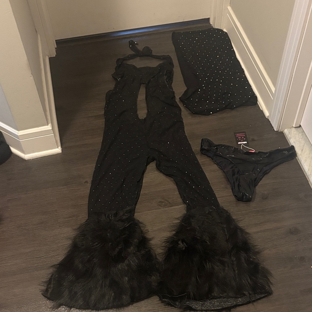 Black Furry Jumpsuit with Rhinestones